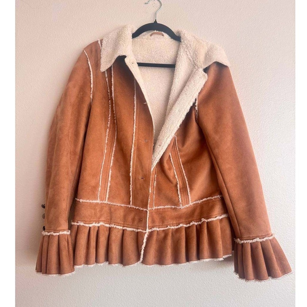Montanaco Camel Faux Suede Sherpa Western Jacket L Boho Vintage Festival Fringe